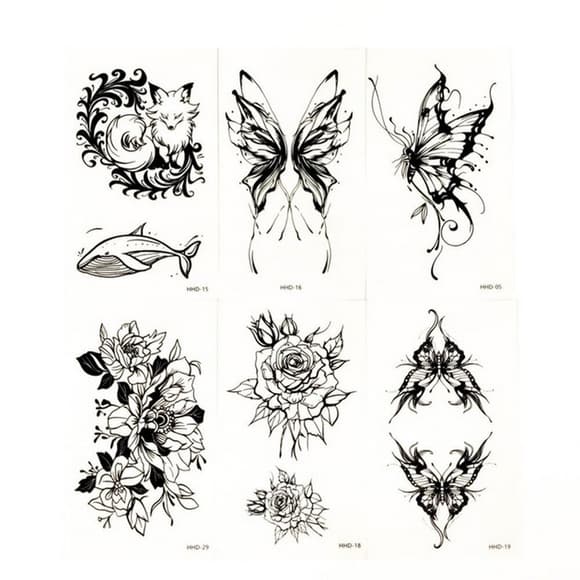 Набор временных тату «Бабочки и цветы №1» black-tattoo-mini-set-f01 из 6 черных по 9,5 х 5,5 см