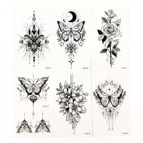 Набор временных тату «Бабочки и цветы №3» black-tattoo-mini-set-f03 из 6 черных по 9,5 х 5,5 см