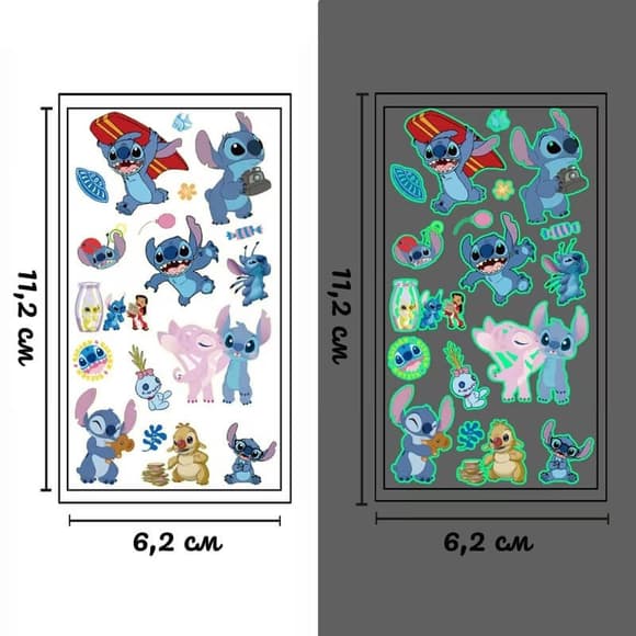Набор временных татуировок "Стич" stich-glow-tattoo-10 светятся, 10 листов 12х7 см