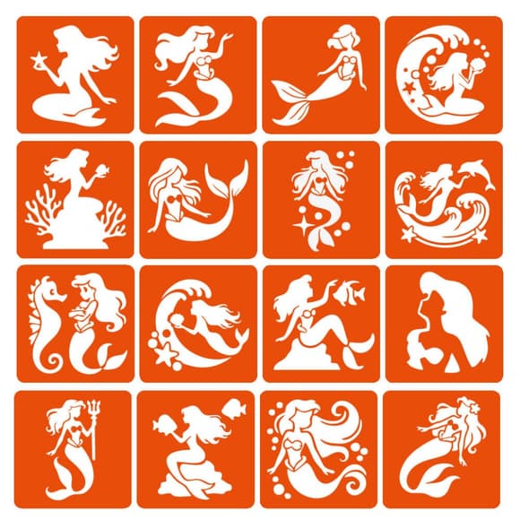 Набір трафаретів для біо-тату "Русалки" mermaids-6x6-16, 16 трафаретів
