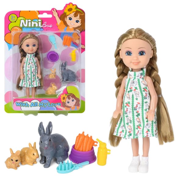 Детский игровой набор с куклой 618-18, 3 кролика, морковь, аксессуары