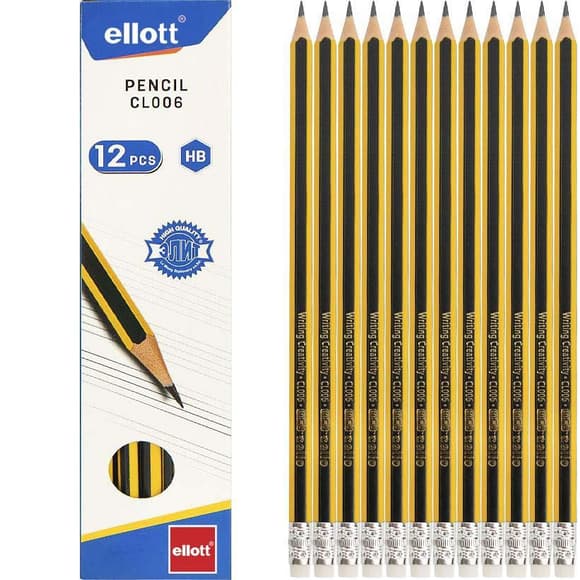 Олівець простий з гумкою Ellott CL006-12 твердість грифеля - HB