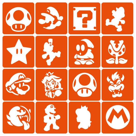 Набір трафаретів для біо-тату "Super Mario" (super-mario-simple-16) 16 шт, 6х6 см