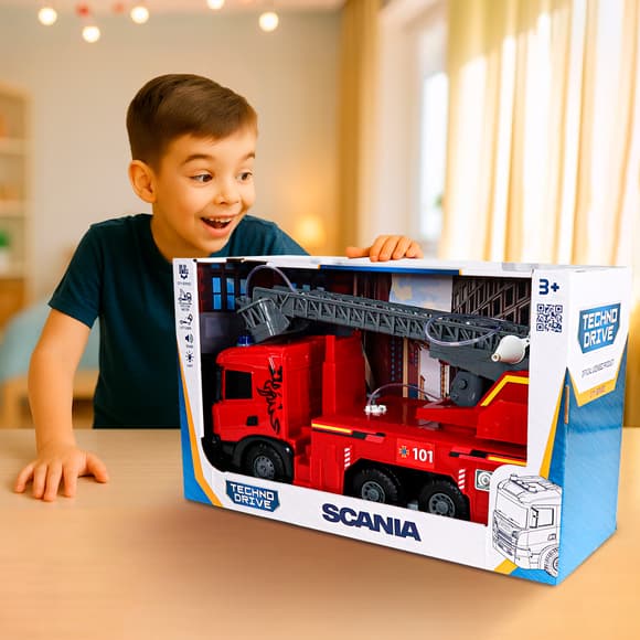 Автомодель серии Super Big Truck – Пожарная машина Scania (свет, звук, функ. воды)