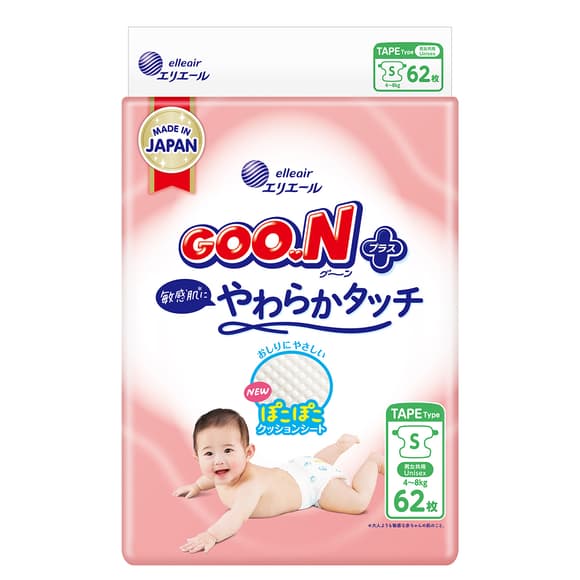 Підгузки Goo.N Plus для дітей (розмір 2(S), 4-8 кг, 62 шт)