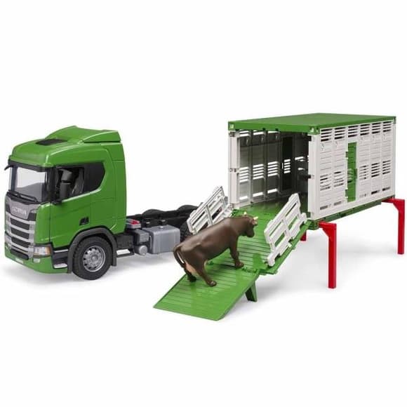 Автомодель Bruder Автомобиль Scania Super 560R для перевозки животных с коровою 1:16 (03548)