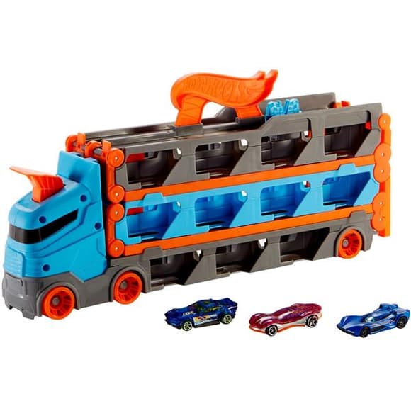 Грузовик-транспортер Hot Wheels Супергонки с 3 базовыми машинками 1:64 (GVG37)