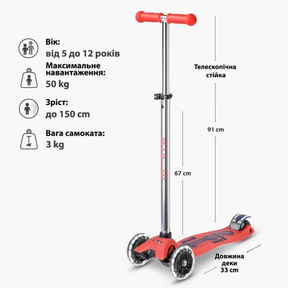 Триколісний самокат Micro Maxi Deluxe Glow LED світний червоний (MMD368)